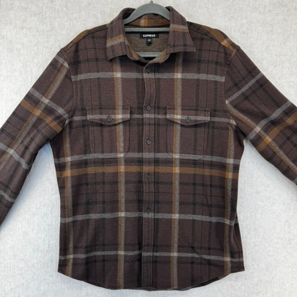 Express Mens Small Brown Plaid Flannel Button Down Shirt Long Sleeve